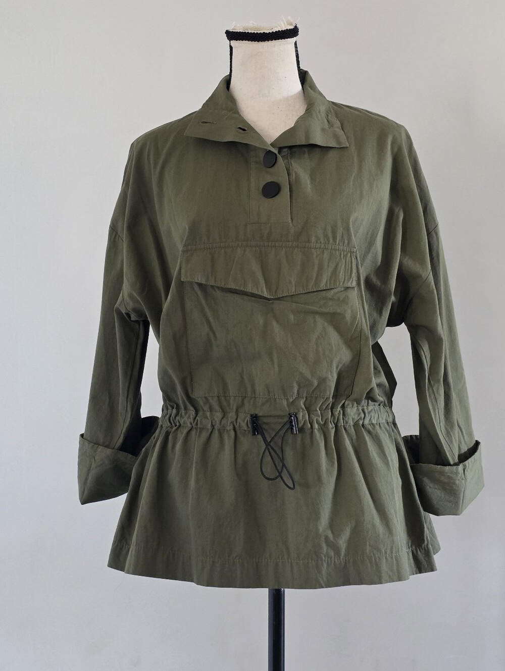 Zara Basic Olive Green Utility Anorak Pullover Jacket Cinch Waist Small